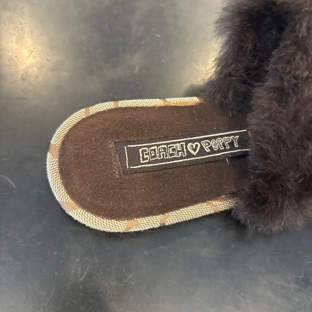 Coach Signature Fur Trim Mule Slippers Women's Brown Logo SlipOn House Shoes Sz5 - Picture 4 of 9